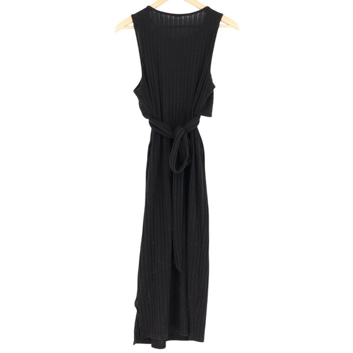 Black Ribbed Knit Maxi Dress Sleeveless Wrap Front Tie Waist