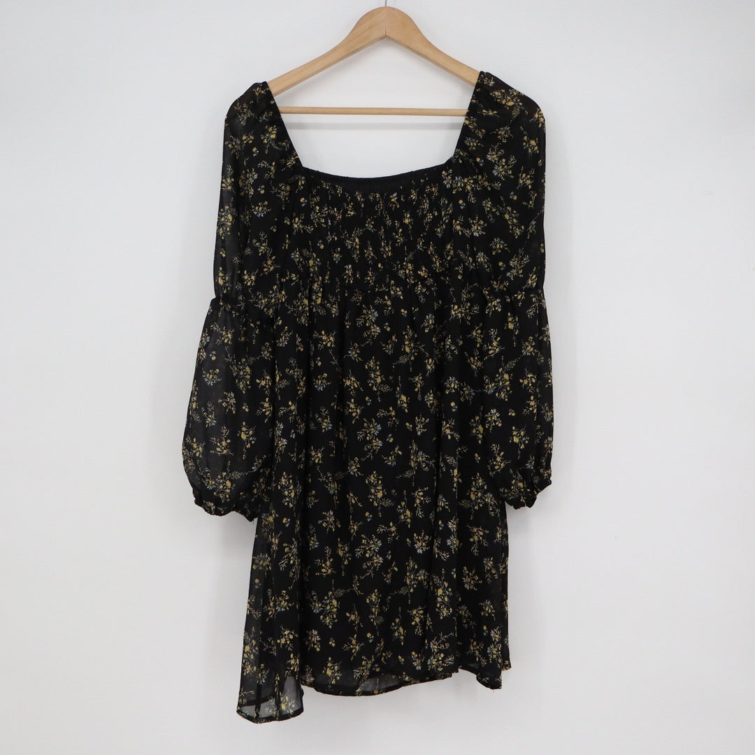 EXLURA Black Yellow Floral Chiffon Mini Dress Square Neck Long Sleeve L
