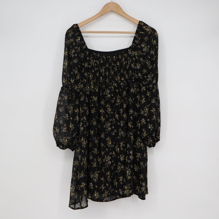 EXLURA Black Yellow Floral Chiffon Mini Dress Square Neck Long Sleeve L