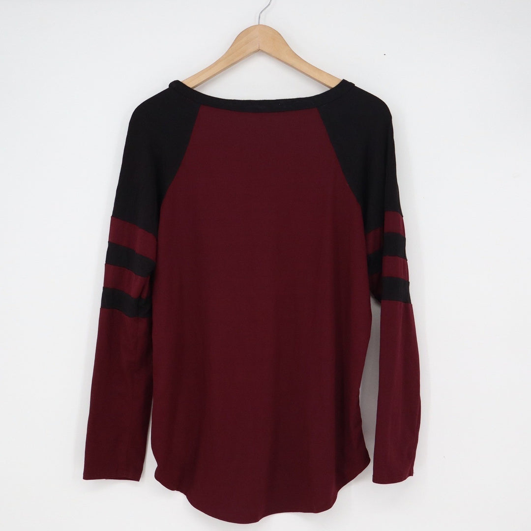 Cool Melon Womens Medium Burgundy Black Raglan Stripe Long Sleeve Top
