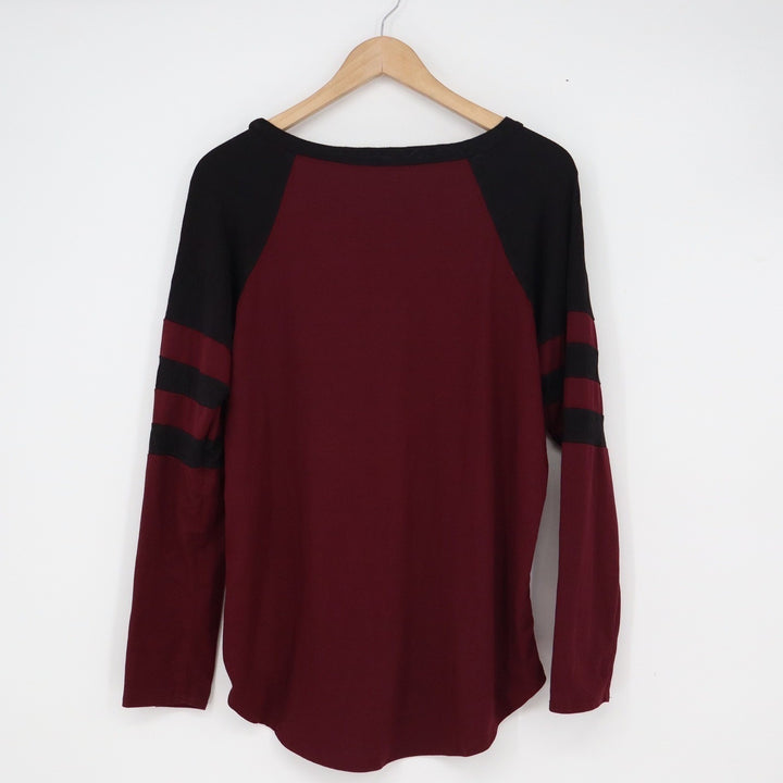 Cool Melon Womens Medium Burgundy Black Raglan Stripe Long Sleeve Top