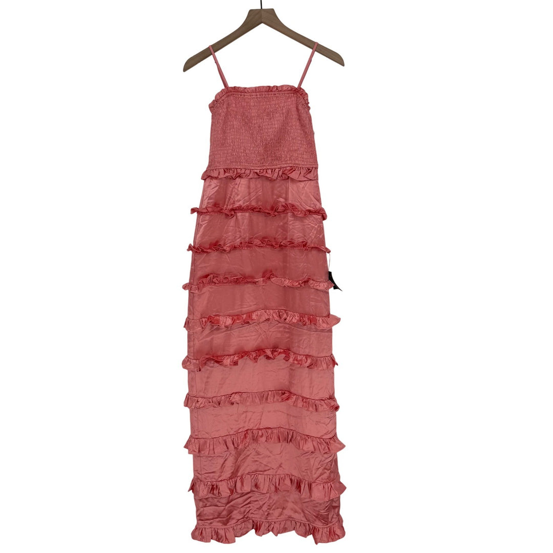 Lulus Sincerely Fabulous Peach Pink Satin Smocked Ruffled Maxi Dress Size M