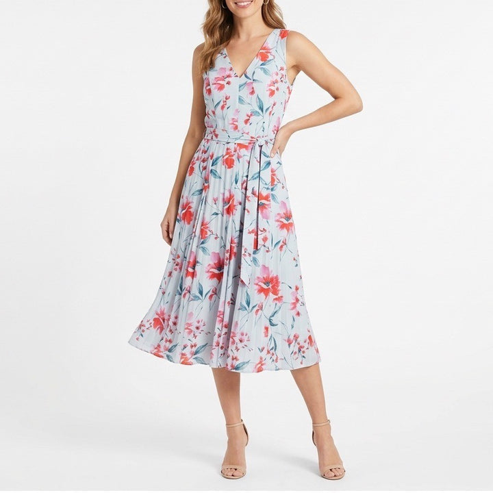 Ivanka Trump Midi Dress Womens 8 Blue Floral Sleeveless Waist Belt Back Zip