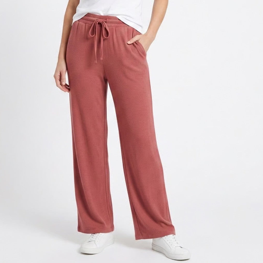 Shein Waffle Knit Pants Womens Large Burgundy Stretch Drawstring Waist Wide Leg