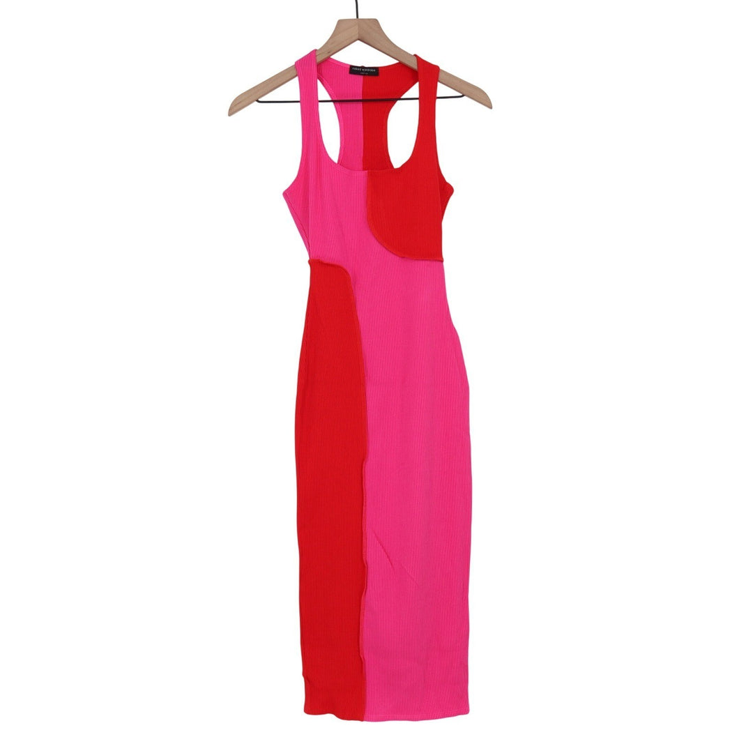 Naked Wardrobe Pink Red Colorblock Ribbed Midi Dress Size M