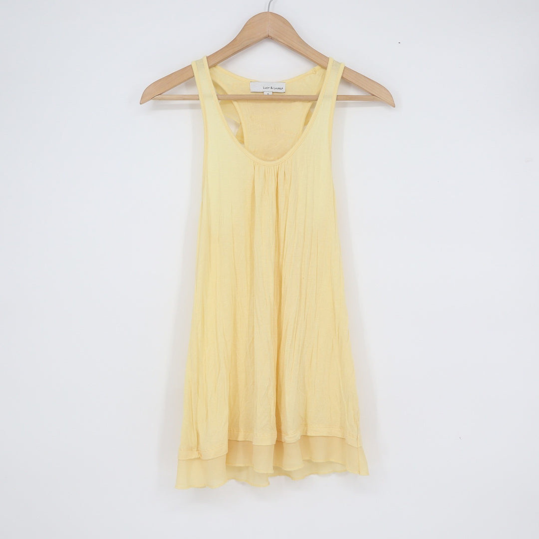 Lucy & Laurel Womens Small Yellow Ruffle Racerback Layered Chiffon Hem Tank Top
