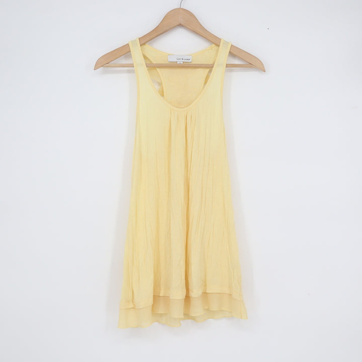 Lucy & Laurel Womens Small Yellow Ruffle Racerback Layered Chiffon Hem Tank Top