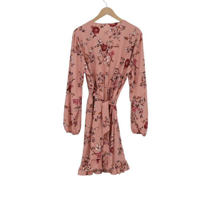 Pink Floral Wrap Mini Dress Long Balloon Sleeve Ruffle Hem V-Neck Boho