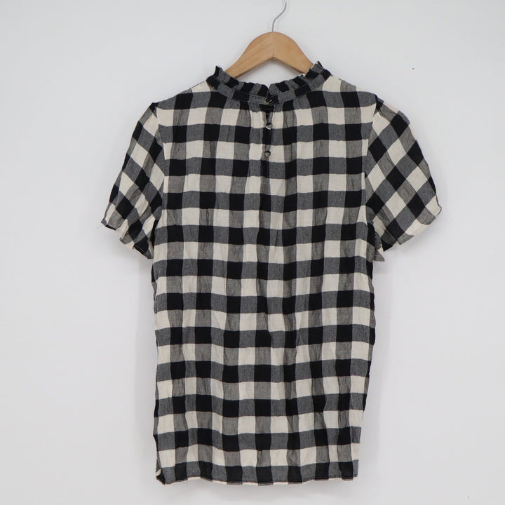 LOFT Black White Buffalo Plaid Smocked Ruffle Neck Blouse Top Medium