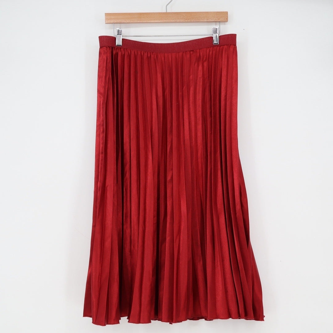 Jaclyn Smith Red Pleated Midi Skirt Elastic Waist Satin Finish Size Large L