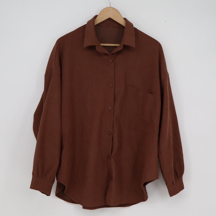 DAZY Women's Brown Ribbed Oversized Button Down Shirt Chest Pocket Size M