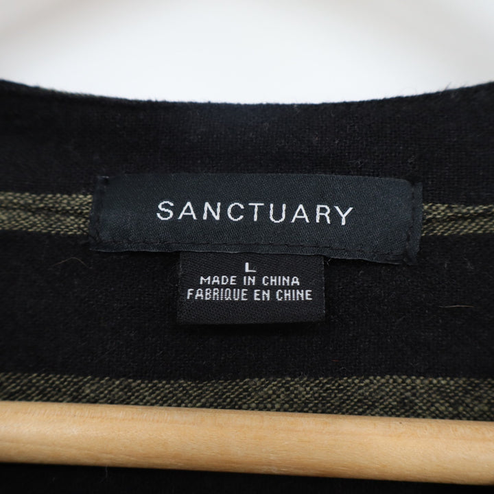 Sanctuary T-Shirt Womens Large Black Brown Striped Linen Short Sleeve Split Neck