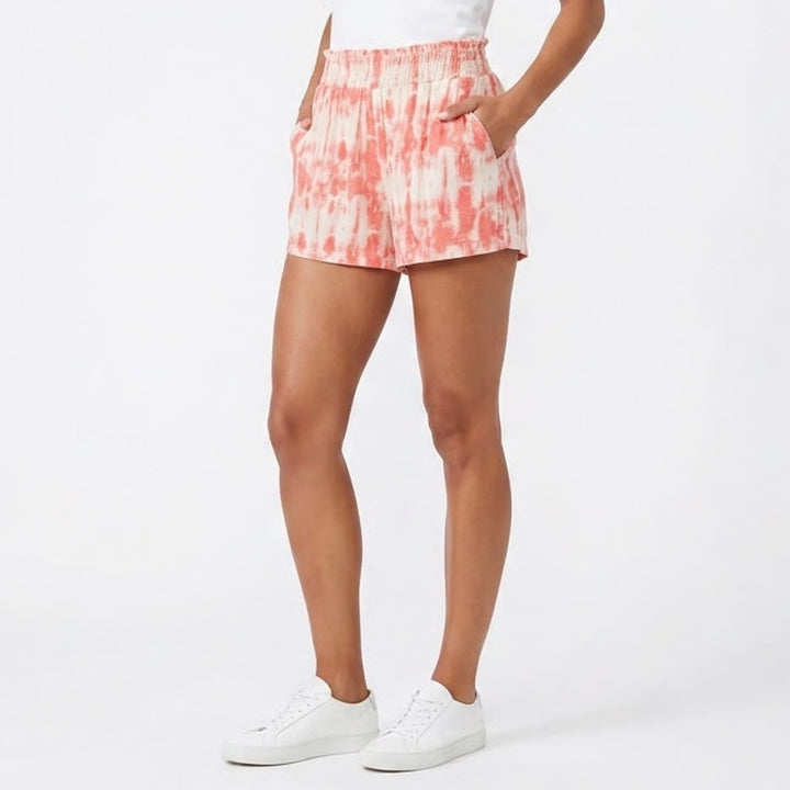 Time and Tru Womens Smocked Waist Tie Dye Shorts Coral Pink White Size L 12-14