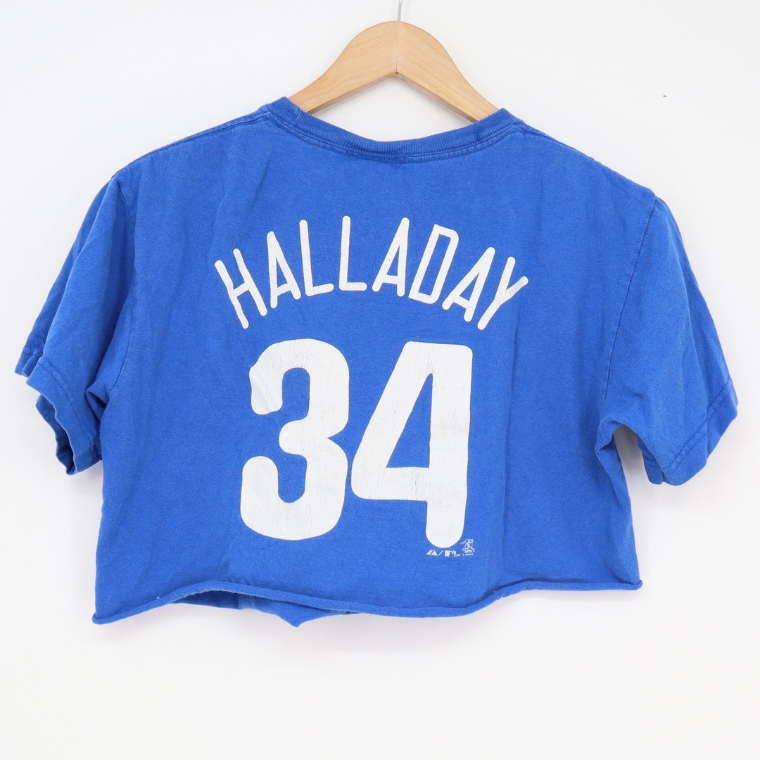 Majestic Philadelphia Phillies Roy Halladay 34 Cropped Graphic Tee Blue Youth L