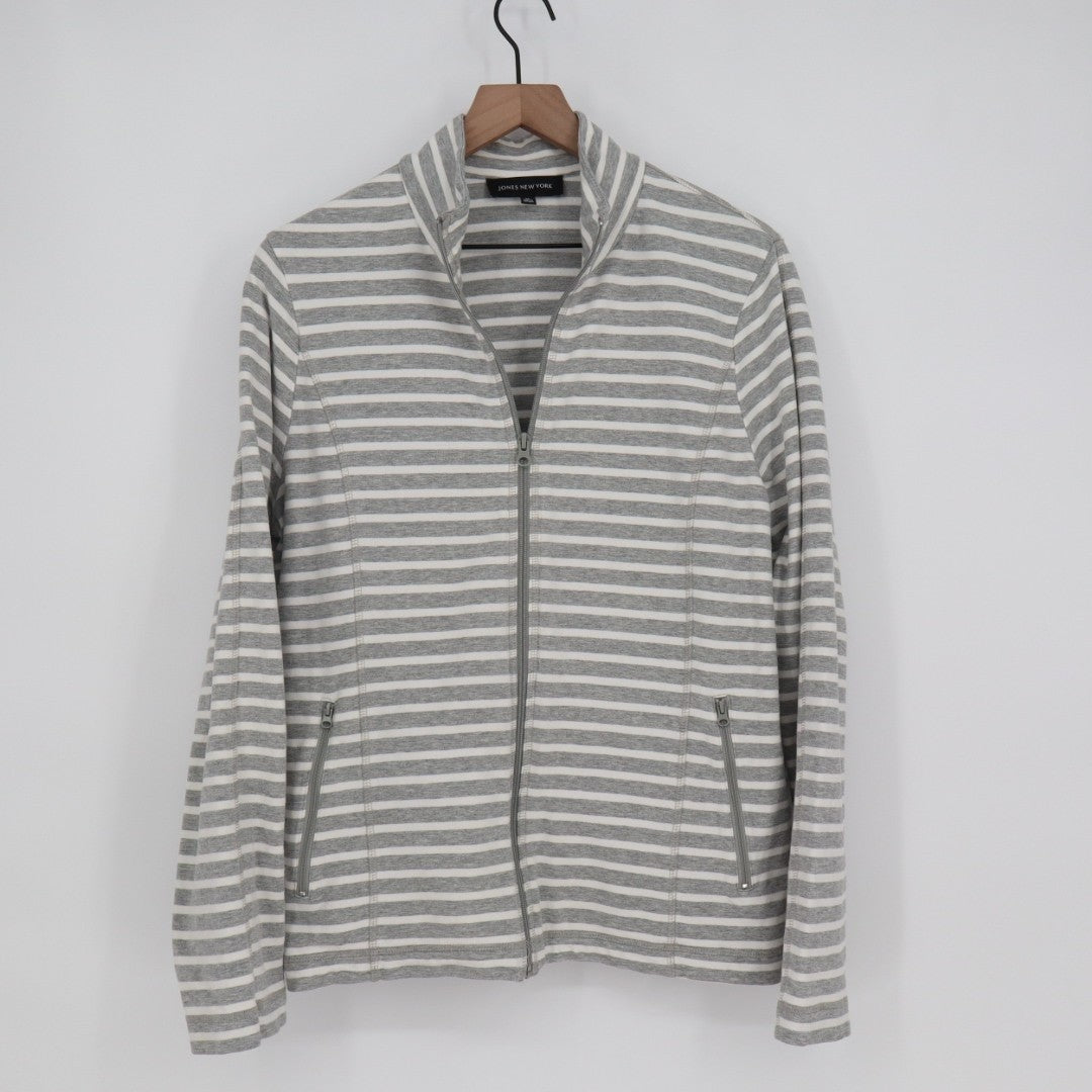Jones New York Jacket Women XL Gray White Striped Cotton Stretch Full Zip Pocket