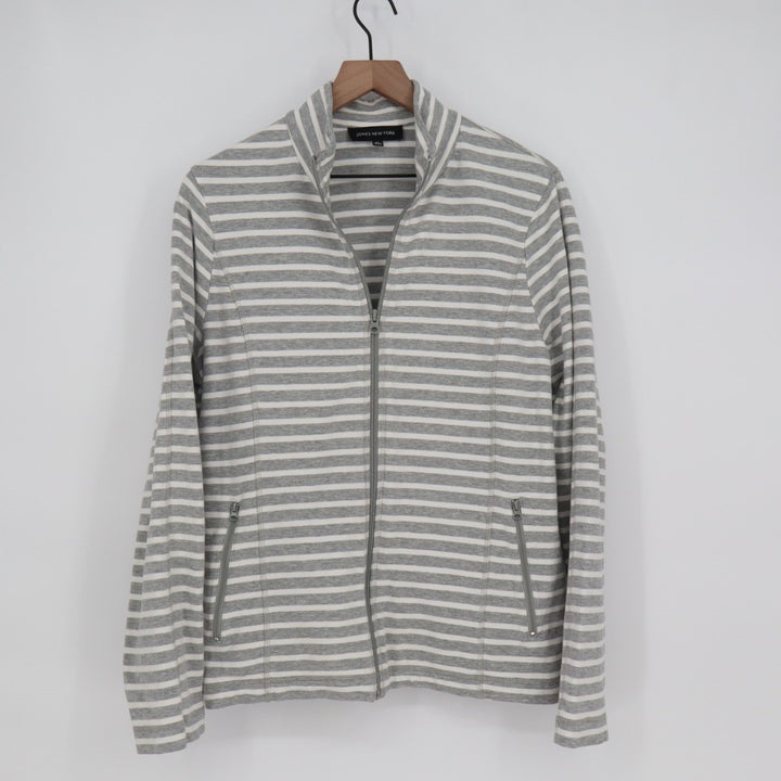 Jones New York Jacket Women XL Gray White Striped Cotton Stretch Full Zip Pocket