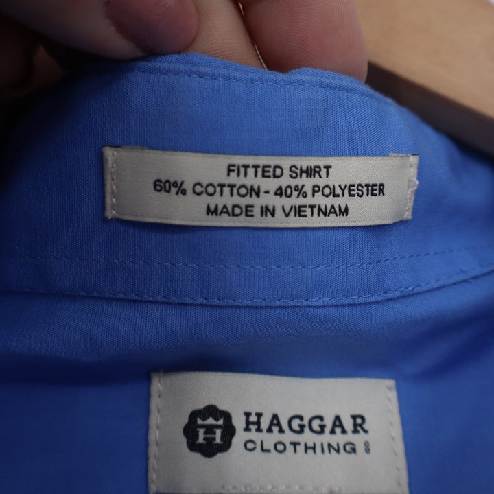 Haggar Mens Fitted Dress Shirt Blue Long Sleeve Cotton Blend 17-17.5 34/35