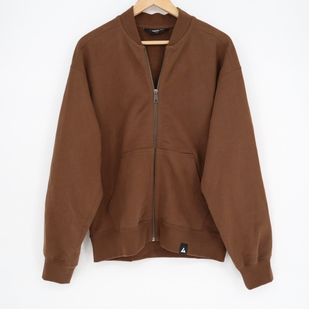 American Giant Bomber Jacket Mens Small Brown Logo Fleece Lined Cotton Full Zip