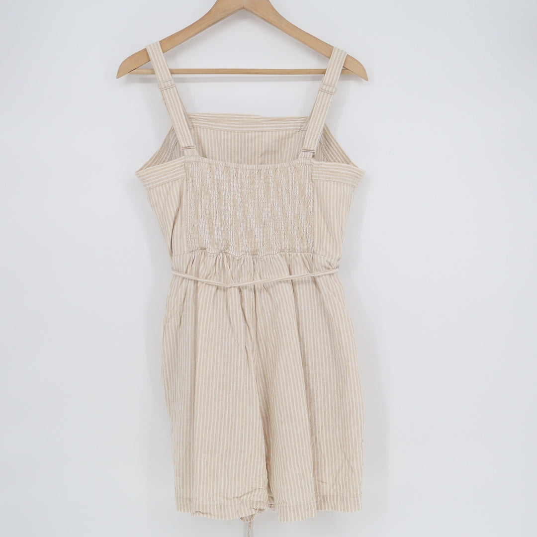 Old Navy Womens Tan White Striped Linen Blend Romper Pockets Large