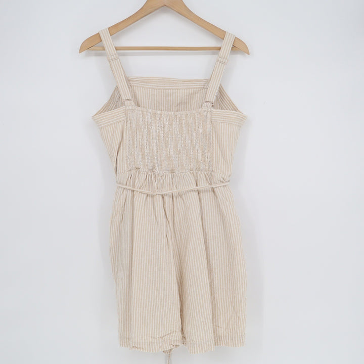 Old Navy Womens Tan White Striped Linen Blend Romper Pockets Large