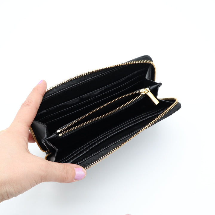 Tory Burch Womens Black Patent Leather Card Slots Zip Around Continental Wallet