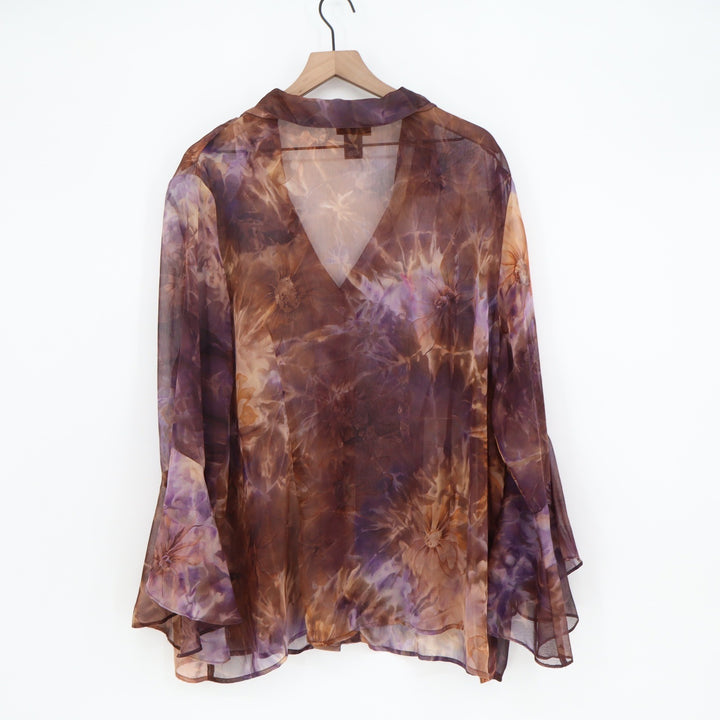 Lane Bryant Blouse Womens 22/24 Sheer Mesh Purple Brown Bell Sleeve Excellent