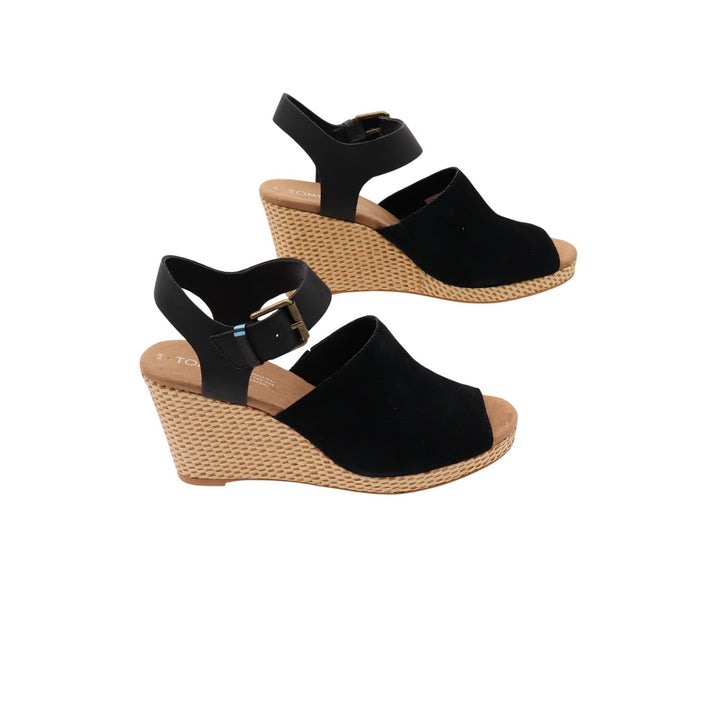 TOMS Tropez Black Suede Leather Wedge Sandals Peep Toe Ankle Strap Sz 9