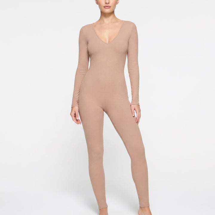 Naked Wardrobe Womens XS Tan Long Sleeve V-Neck Ribbed Jumpsuit