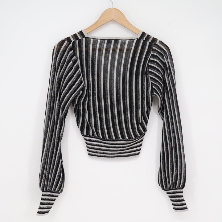 MNG Mango Metallic Striped Surplice Wrap Top Black Silver XXS