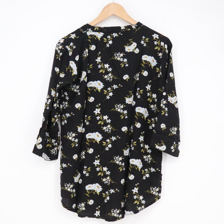 Sanaa For Stop Black Floral Pleated Split Neck 3/4 Sleeve Blouse Large