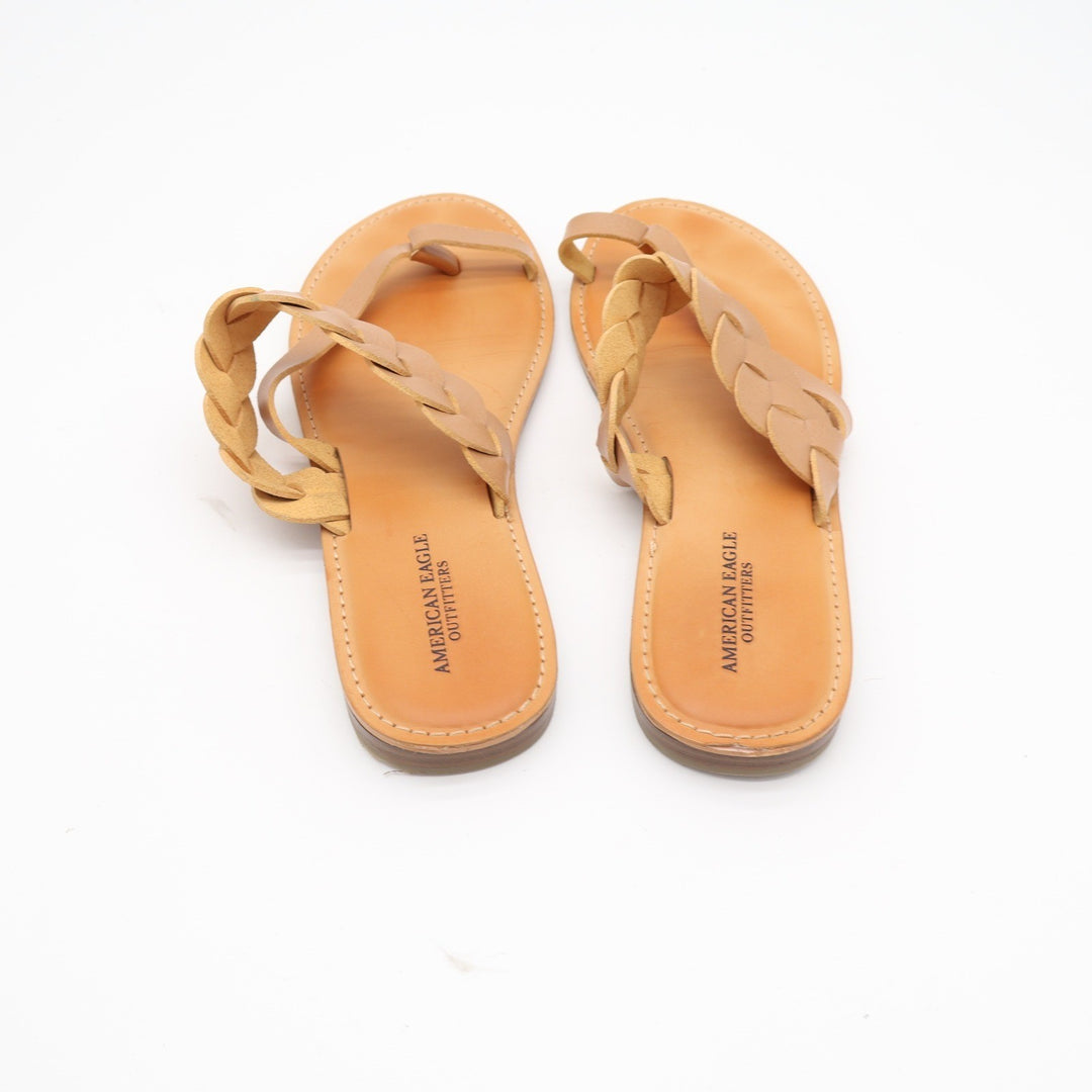 American Eagle Womens Tan Braided Toe Loop Flat Slide Sandals Size 10