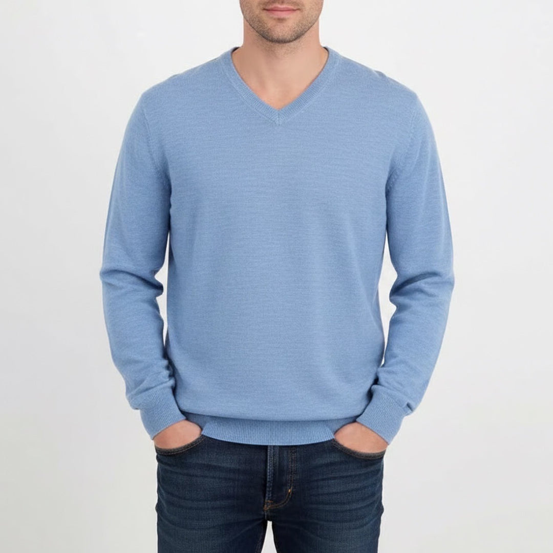 JOS. A. BANK Sweater Mens 2XL Blue Wool Tight Knit Long Sleeve V-Neck Pullover