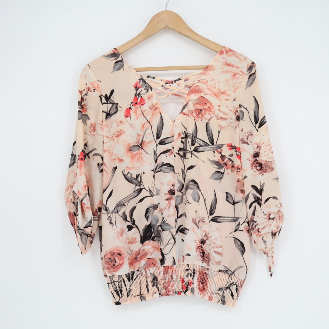 New York & Company Blouse Womens XS Beige Floral Smocked Hem 3/4 Sleeve Pullover