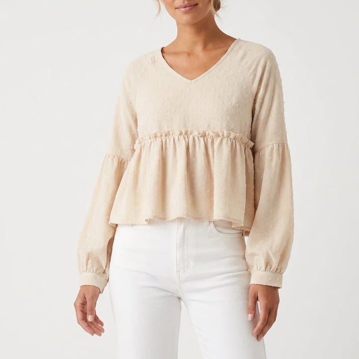 Shein Cream Beige Swiss Dot Peplum Blouse V-Neck Long Sleeve Top Large