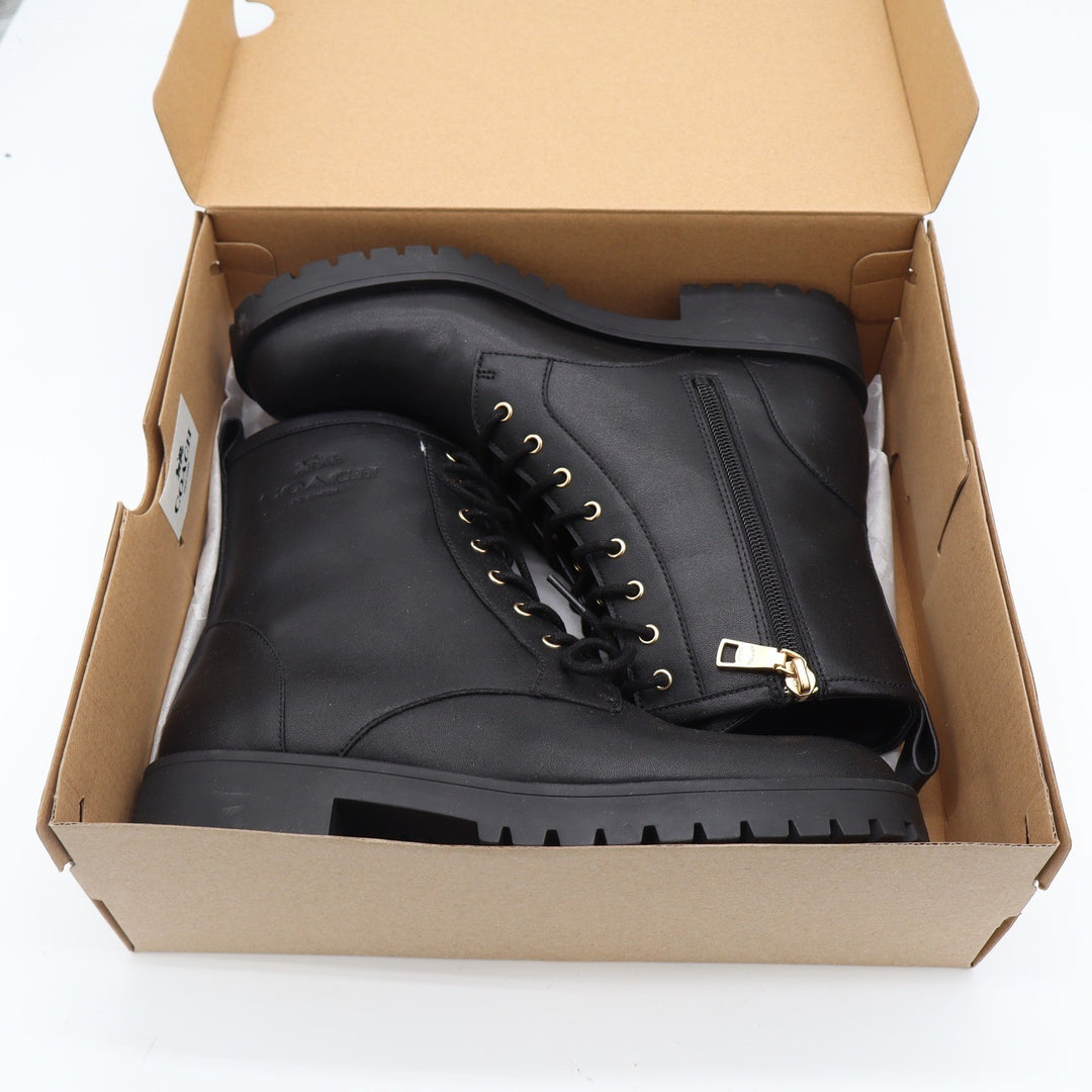 Coach Black Leather Combat Boots Gold Hardware Side Zip Womens 8B