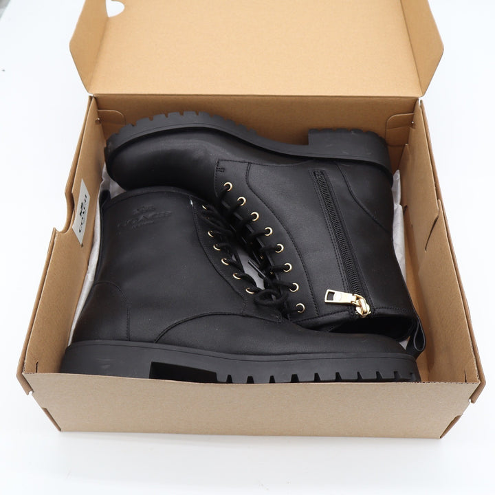 Coach Black Leather Combat Boots Gold Hardware Side Zip Womens 8B