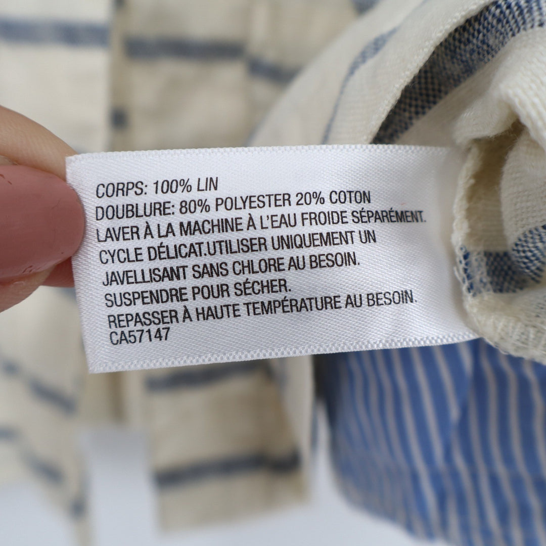Merona Womens XL Linen Striped Blazer Cream Blue Collarless 3/4 Sleeve Jacket