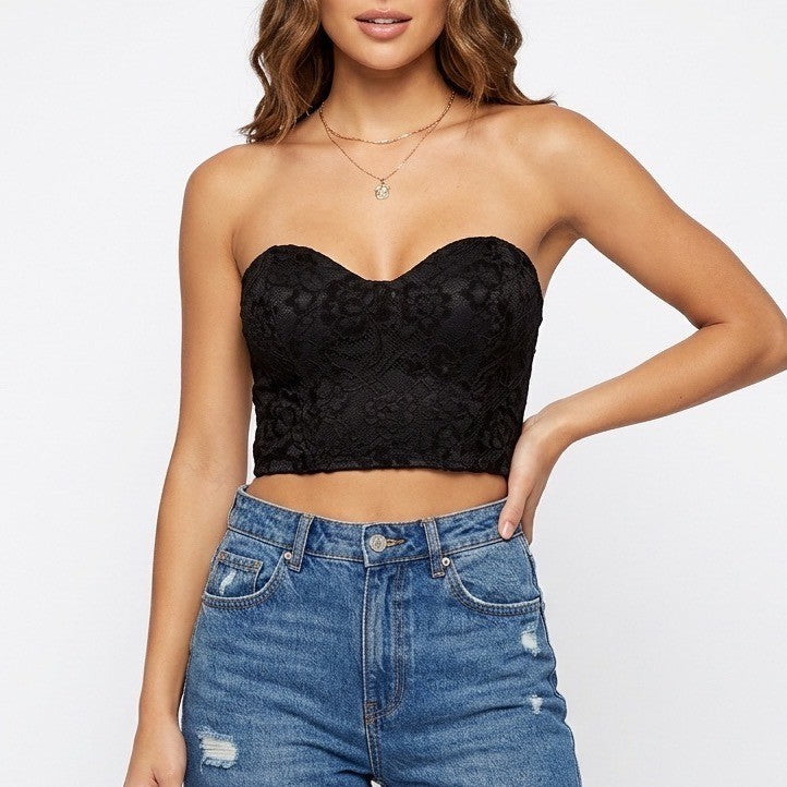 Naked Wardrobe Womens Black Lace Bustier Crop Top Sweetheart NWSP20-T7 Small