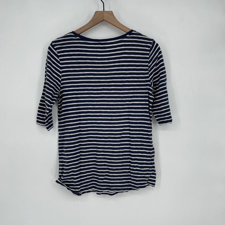 J Crew Striped 3/4 Sleeve Top Embellished Neck Navy White Size Medium