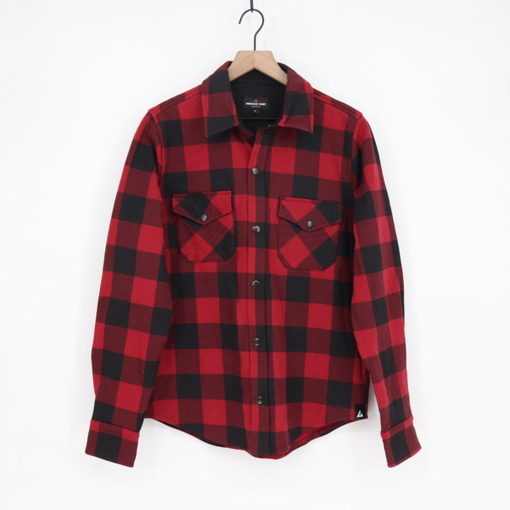 American Giant Redwood Overshirt Unisex S Red Plaid Cotton Fleece Spread Collar