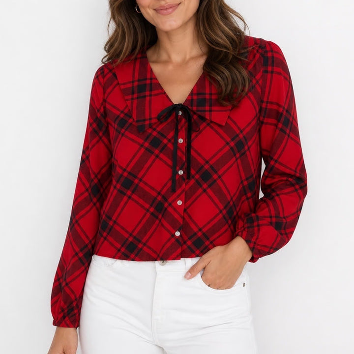 Old Navy Womens Red Plaid Peter Pan Collar Button Front Blouse Medium
