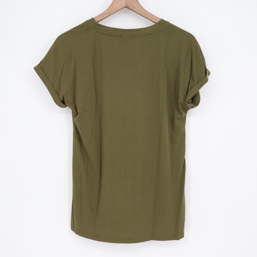 XIEERDUO Olive Green V Neck T Shirt Casual Rolled Sleeve Basic Top Size S