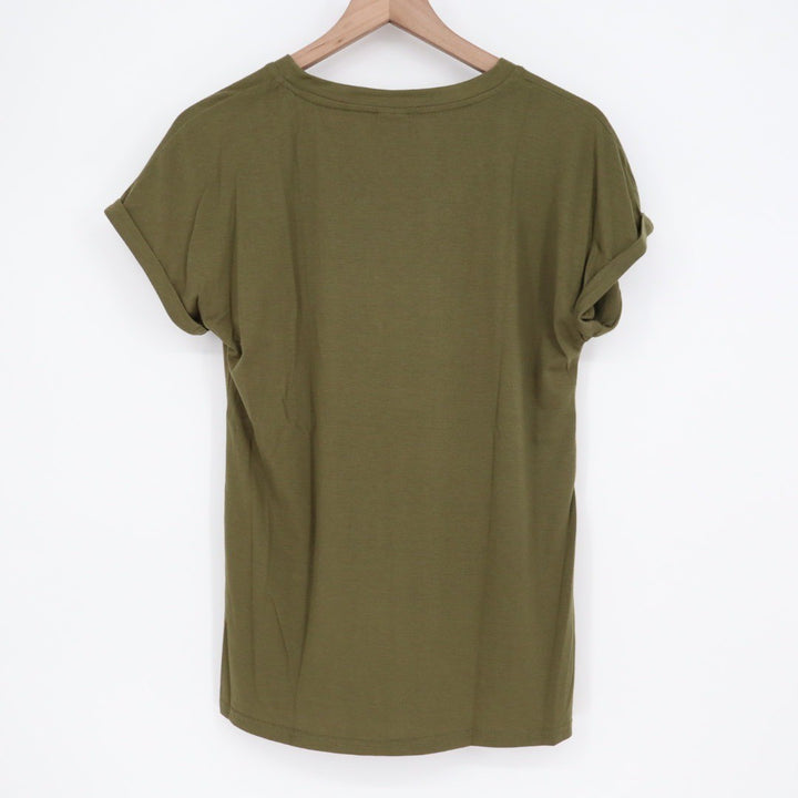 XIEERDUO Olive Green V Neck T Shirt Casual Rolled Sleeve Basic Top Size S