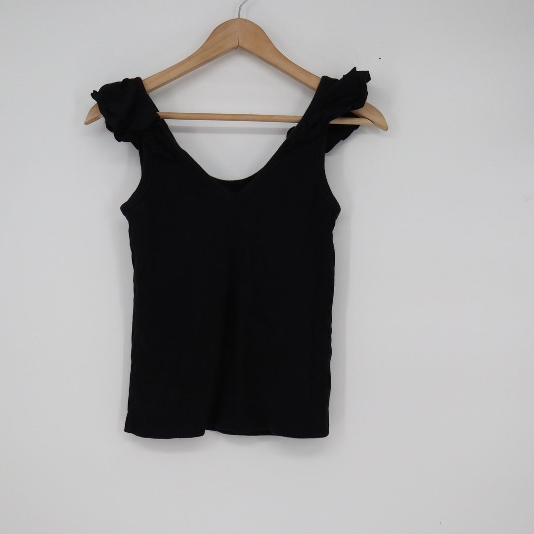 Old Navy Womens Black Ruffle Shoulder Ribbed V-Neck Tank Top Size S
