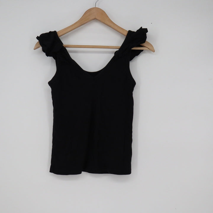 Old Navy Womens Black Ruffle Shoulder Ribbed V-Neck Tank Top Size S