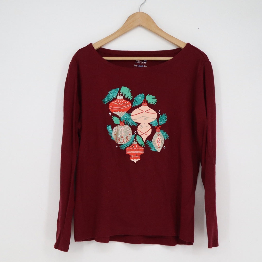 Croft & Barrow Womens Large Maroon Christmas Ornaments Long Sleeve Graphic Tee L