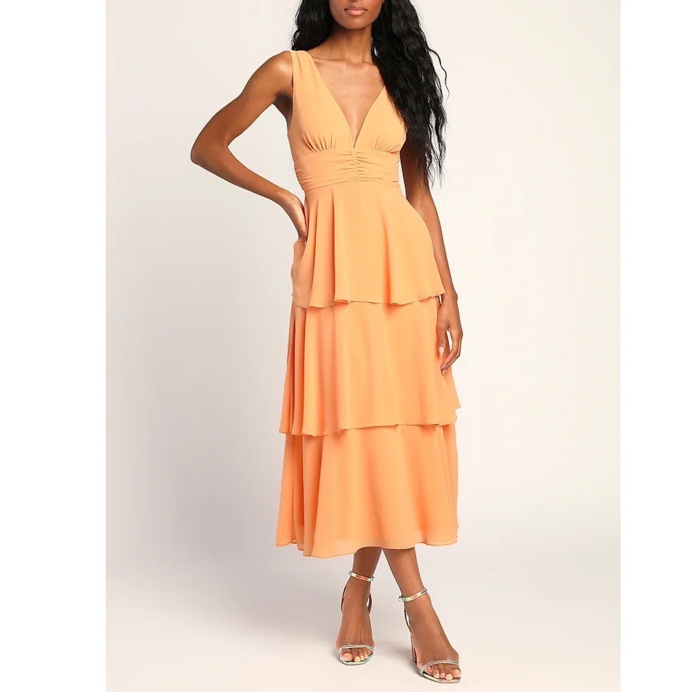 Lulus Celebration Time Tiered Midi Dress Womens XL Light Orange Lined Sleeveless