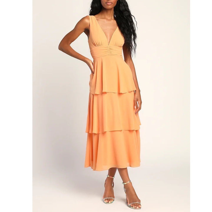 Lulus Celebration Time Tiered Midi Dress Womens XL Light Orange Lined Sleeveless