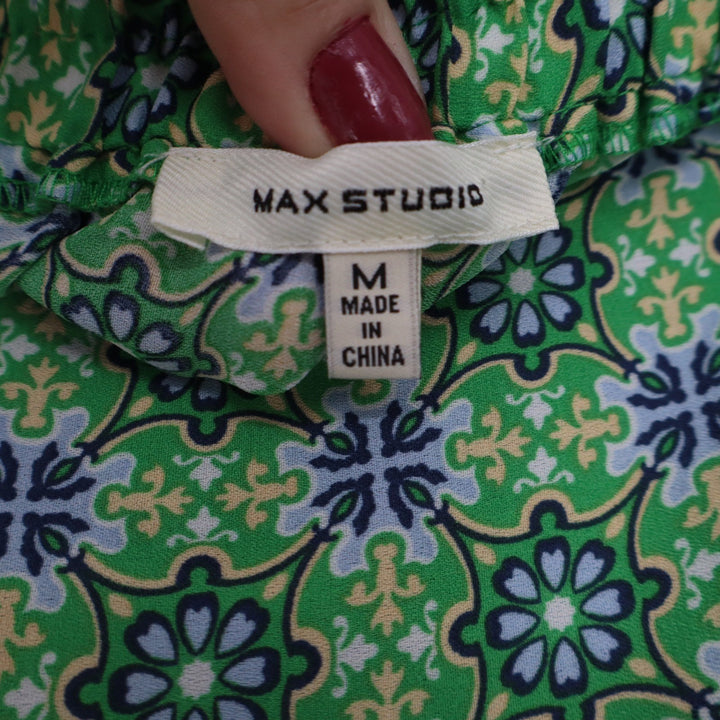 Max Studio Green Geometric Tile Print Maxi Skirt Side Slits Size M