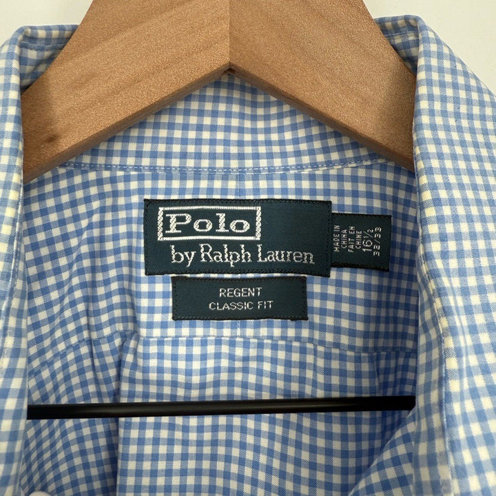 Polo Ralph Lauren Men's Windowpane Plaid Button Down Blue Shirt Size 16.5 32/33